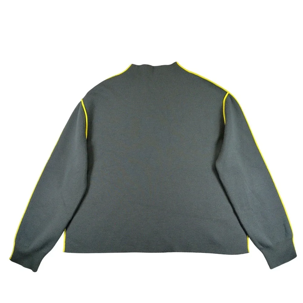 Tory Burch Double Faced Mock Neck Sweater Green Wool Blend Yellow Piping Small
